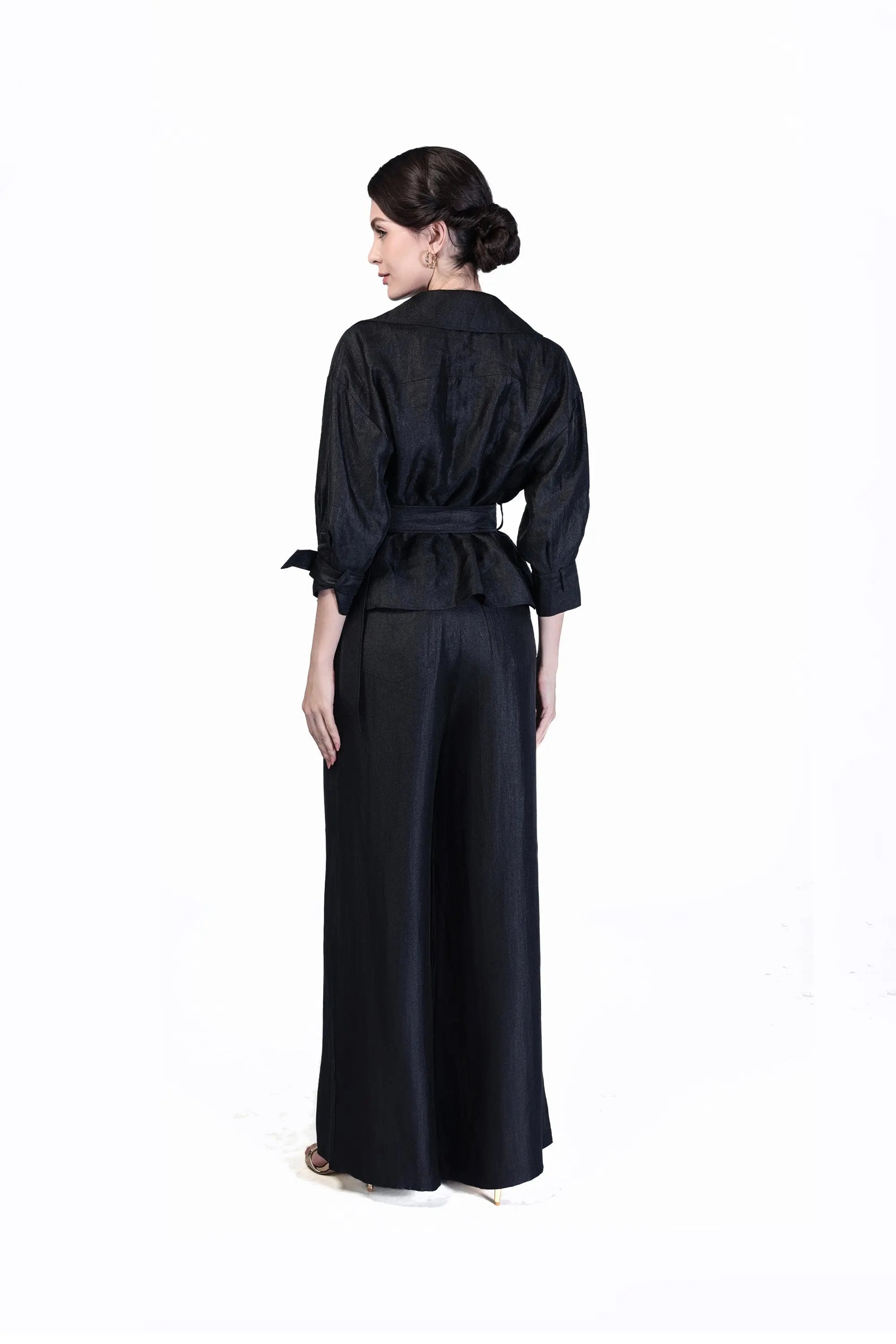 Chic Black Wrap Jacket and Flare Pants Set ULA
